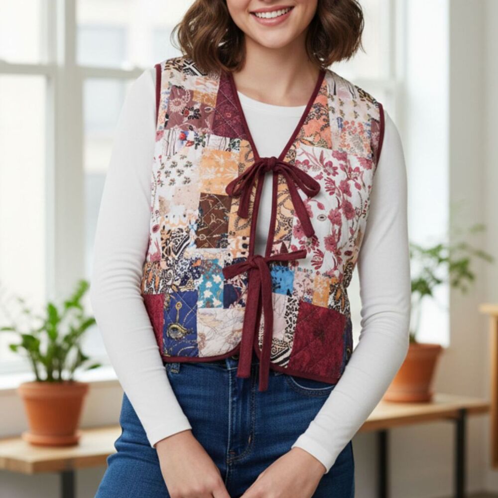 SHEIN Multicolor Patchwork Quilted Tie-Front Vest with Burgundy Trim